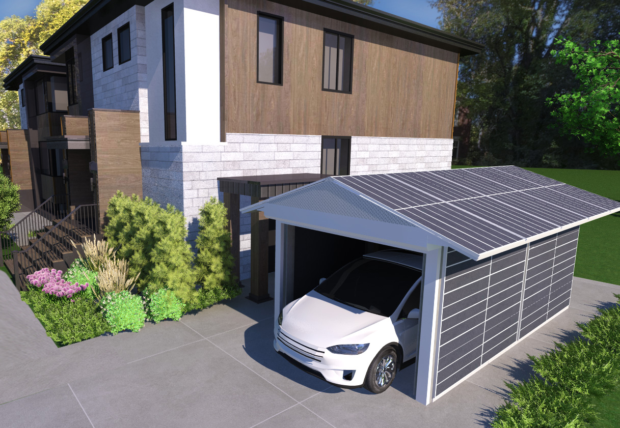 Rendering of Power Networks carport structure with modern home.